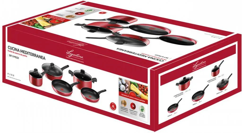 Lagostina Batteria di Pentole in Alluminio Set 8 Pezzi per Piani Cottura Gas/Alogena/Induzione/ Piastra Sigillata colore Nero e Rosso - 010254600008 Cucina Mediterranea