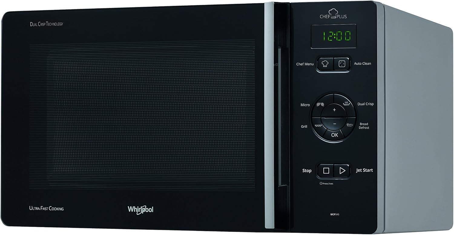 Whirlpool MCP345SL Forno a Microonde Chef Plus + Grill, 25 litri, argento, con griglia alta e piatto Crisp + maniglia