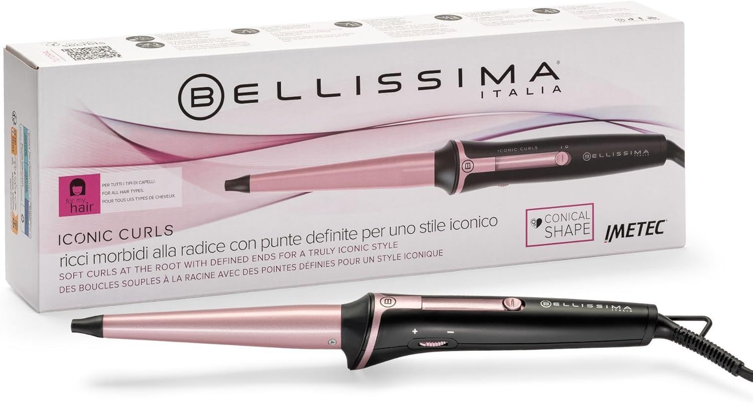 Bellissima Imetec Iconic Curls, ferro arricciacapelli, rivestimento in ceramica, forma conica per boccoli e ricci stretti, temperatura 150°C/210°C, cono 18/25 mm, guanto termico, per tutti i capelli