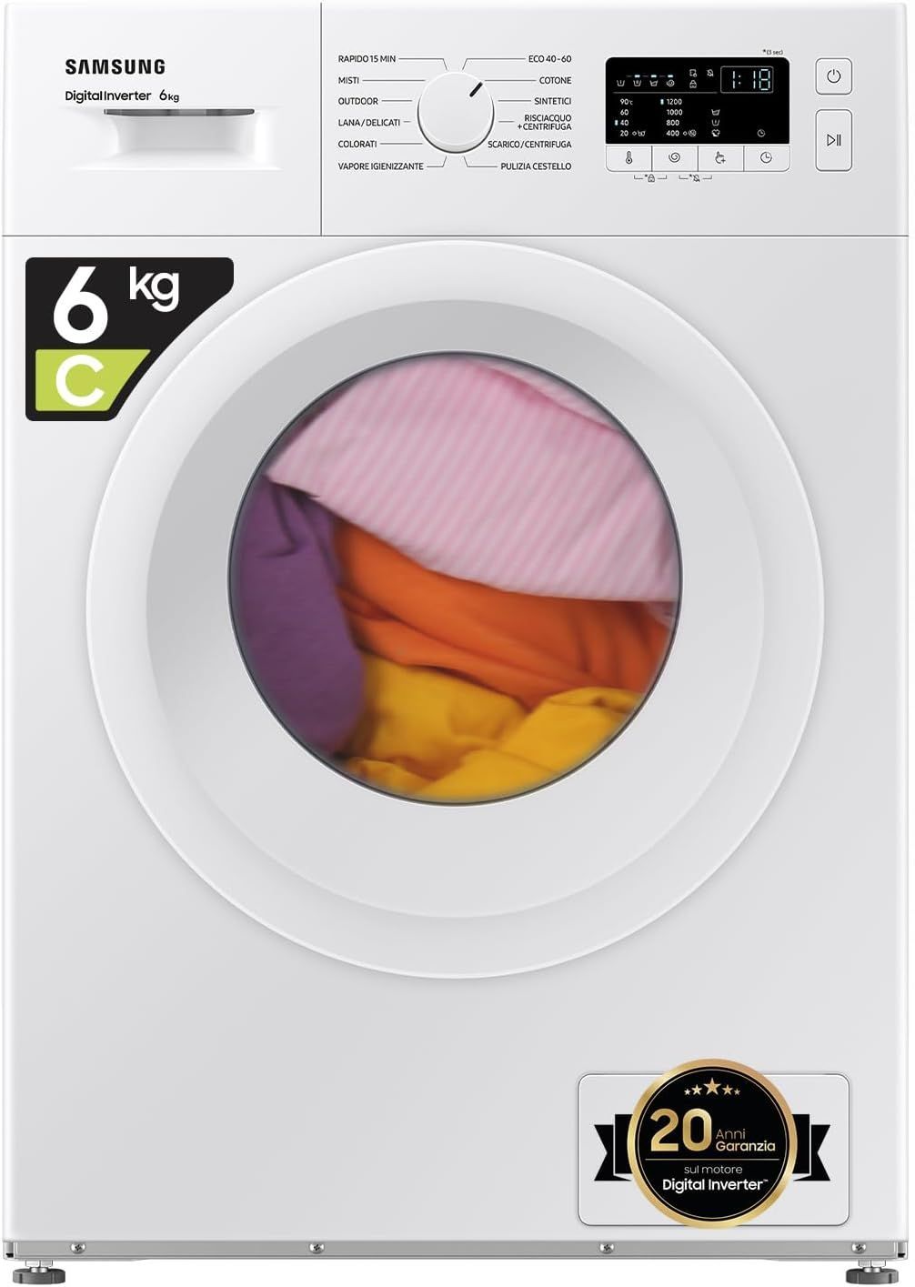 Samsung Lavatrice Slim WW60A3120WE/ET Libera Installazione, 6 Kg, 1200 RPM, Vapore, Carica Frontale, No Wifi, 60l x 85h x 40p cm [Classe di efficienza energetica C]