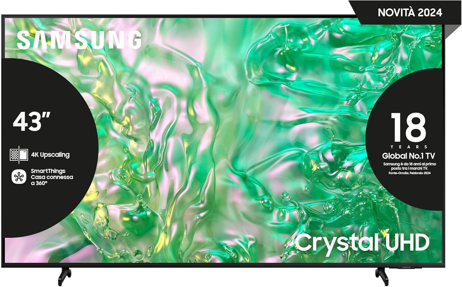 Samsung Smart TV 43" UE43DU8070UXZT, Crystal UHD 4K, 4K Upscaling, Airslim Design, DVBT-2, Q-Symphony & Adaptive Sound, Integrato con Bixby, comp con Alexa e Google Assistant, Black 2024 [Classe di ef