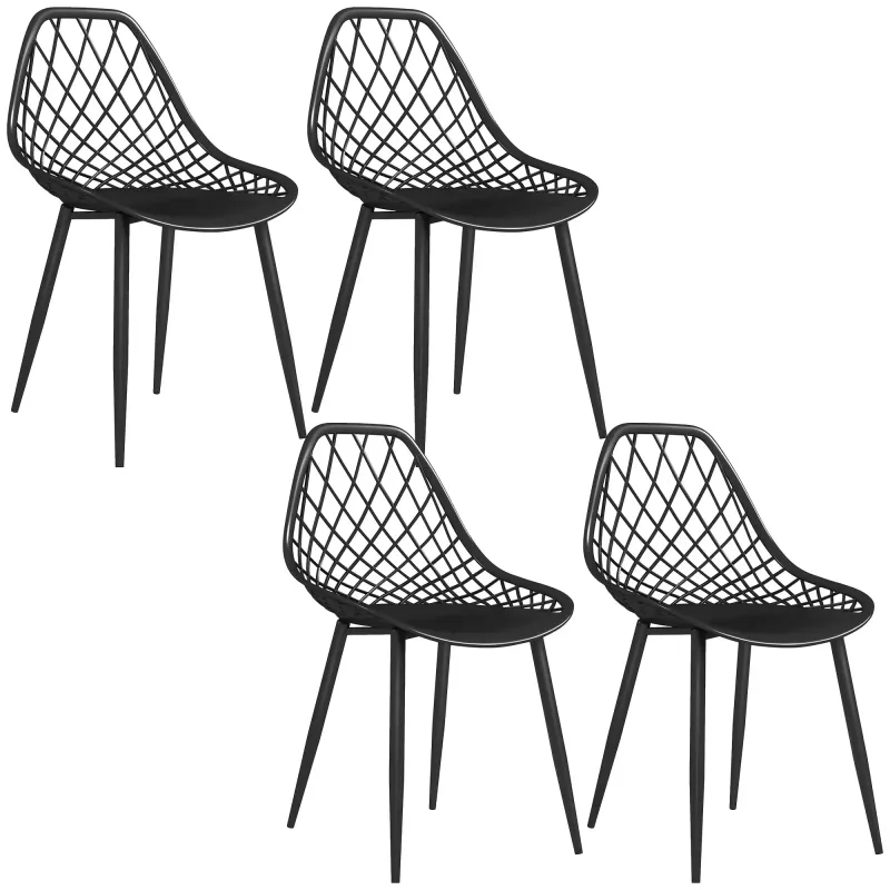 HOMCOM Set 4 Sedie da Pranzo Moderne con Schienale Traforato in Plastica e Gambe in Metallo, Nero