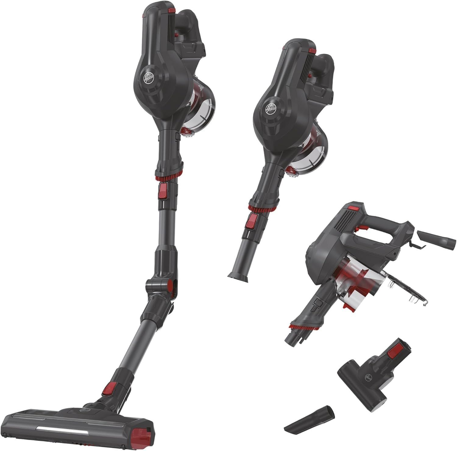 Hoover HF1 Aspirapolvere Con Tubo Flessibile, Senza Filo, Senza Sacco, 180 W, 0,9 Litri, Autonomia 30 Minuti, Luce LED, Mini Turbo Spazzola, Grigio [HF103PX]
