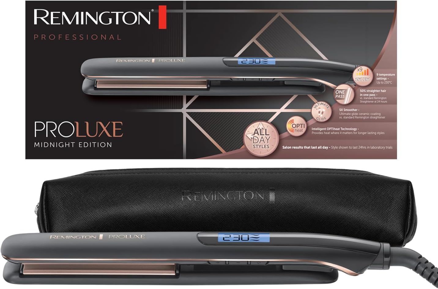 Remington Piastra Capelli - Piastre Strette in Ceramica strette Lunghe 110 mm - Tecnologia OPTIheat: risultati duraturi; Imp. Pro+ per Styling delicato; Display Dig; Riscaldamento Fast, ProLuxe S9100B