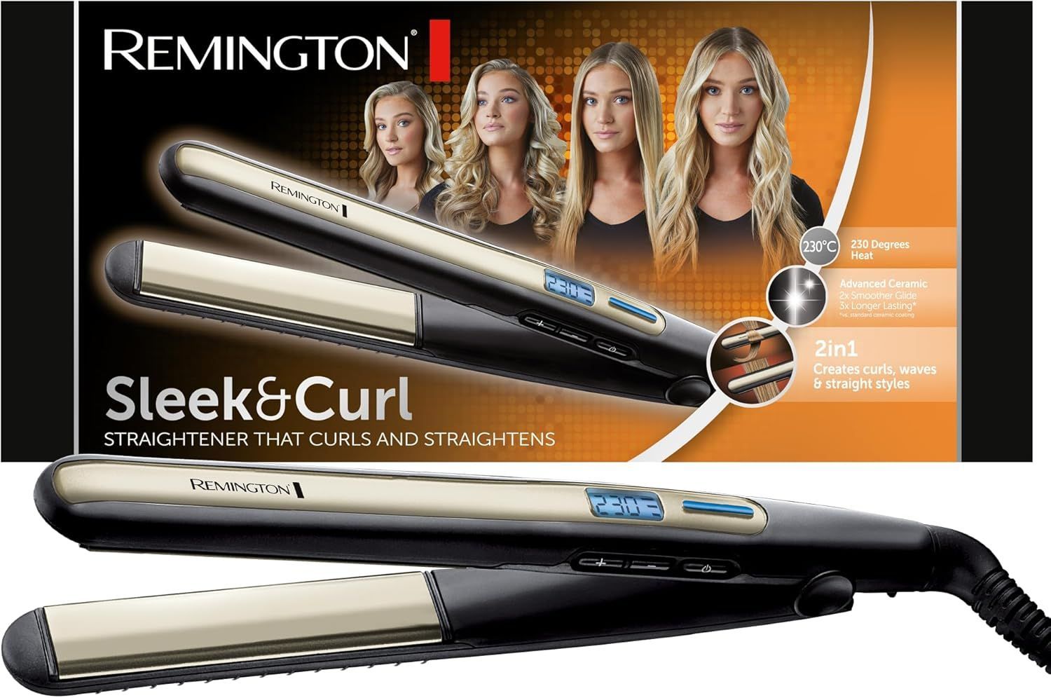 Remington Piastra Sleek & Curl - Ottimo per lisciare e modellare Ricci e Onde - Design arrotondato, rivestimento ceramico ultra, Tormalina di qualità, Display LCD, 150-230°C, piastra per capelli S6500