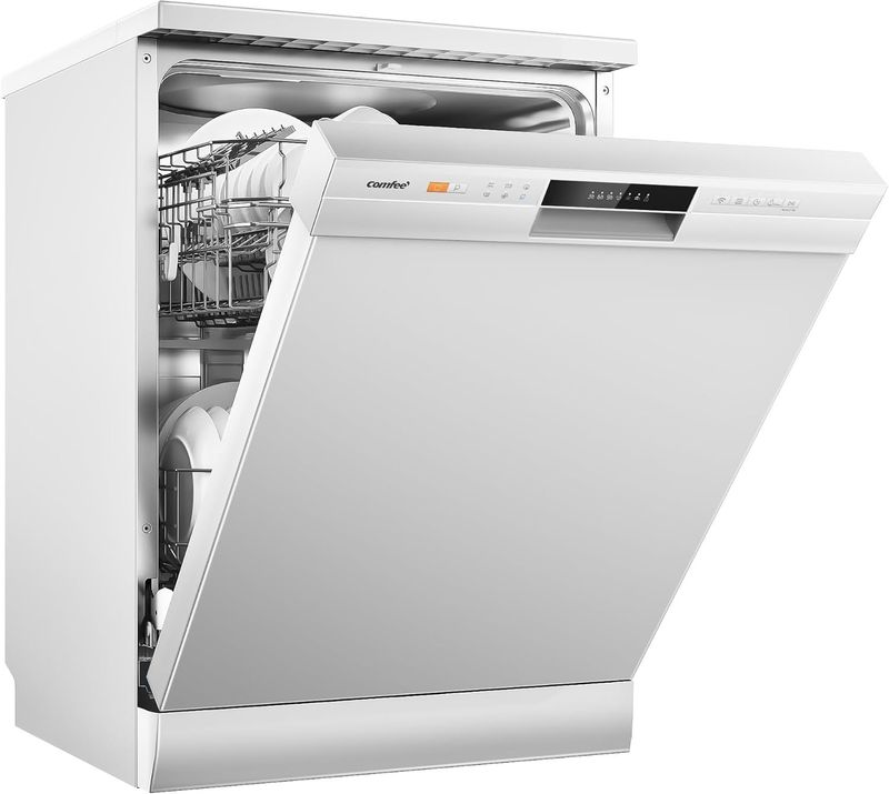 COMFEE ' CDWPF1201PW-WE-EU Lavastoviglie a libera installazione, 60 cm, 49 dB con 12 coperti, 8 programmi Controllo per pulsante o telefono, Bianco [Classe di efficienza energetica E]