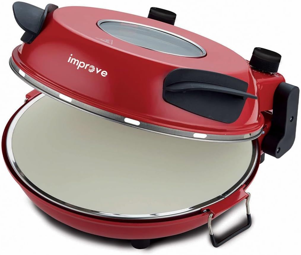 Improve, Forno pizza IMPFEP33BPB, Rosso, Pietra Refrattaria, Potenza 1200W, Termostato Regolabile con 5 Livelli di Cottura