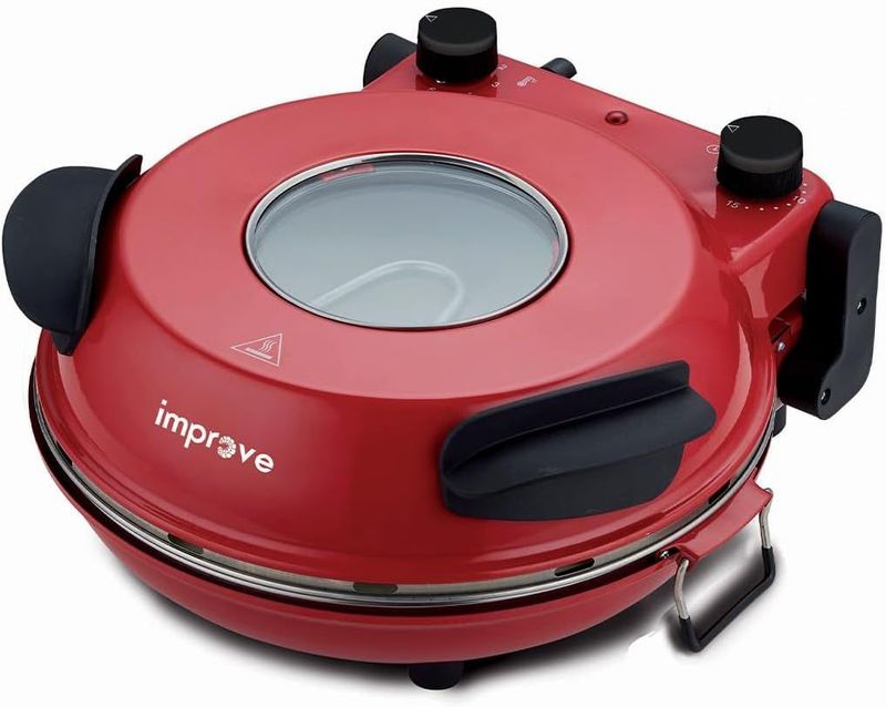 Improve, Forno pizza IMPFEP33BPB, Rosso, Pietra Refrattaria, Potenza 1200W, Termostato Regolabile con 5 Livelli di Cottura
