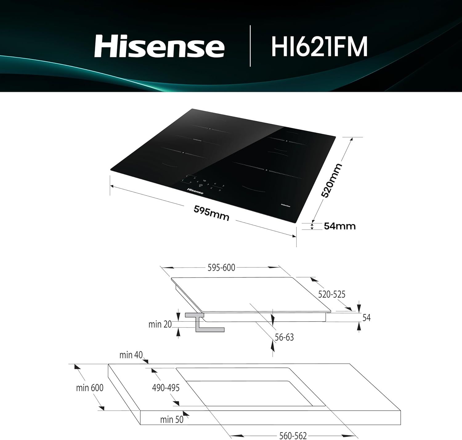 Hisense HI621FM - Piani Cottura a Induzione, 4 Zone di Cottura con Funzione Bridge, Funzione Power Boost, Timer di cottura, Indicatore di calore residuo, Nero, 595 × 54 × 520