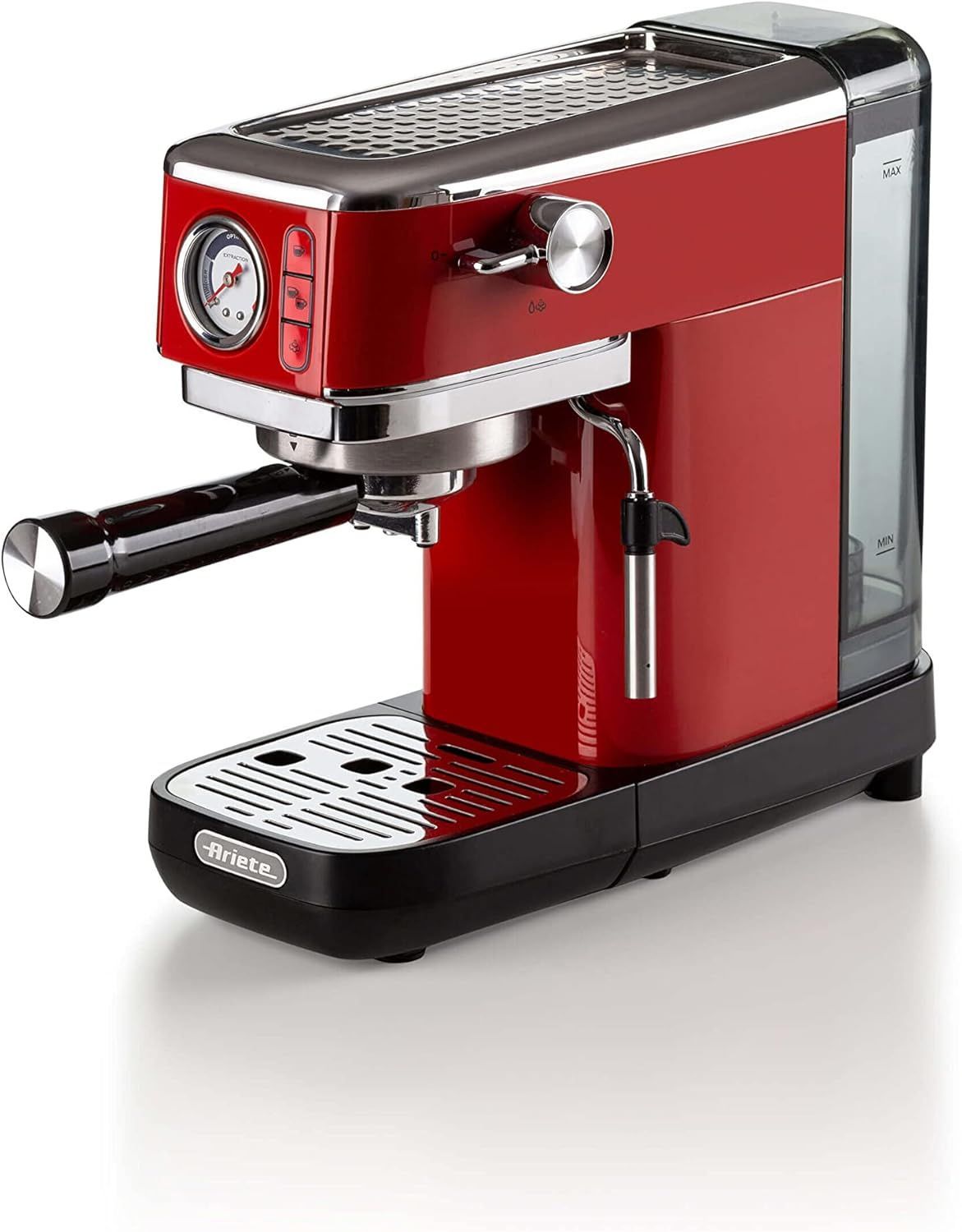 Ariete 1381 - Caffettiera con manometro, compatibile con caffè in polvere e pastiglie ESE 1300 W, capacità 1,1 l, filtro a pressione 15 bar, dispositivo cappuccino da ½ tazze, colore: rosso