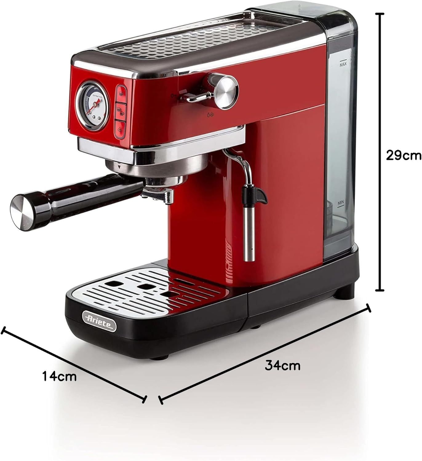 Ariete 1381 - Caffettiera con manometro, compatibile con caffè in polvere e pastiglie ESE 1300 W, capacità 1,1 l, filtro a pressione 15 bar, dispositivo cappuccino da ½ tazze, colore: rosso