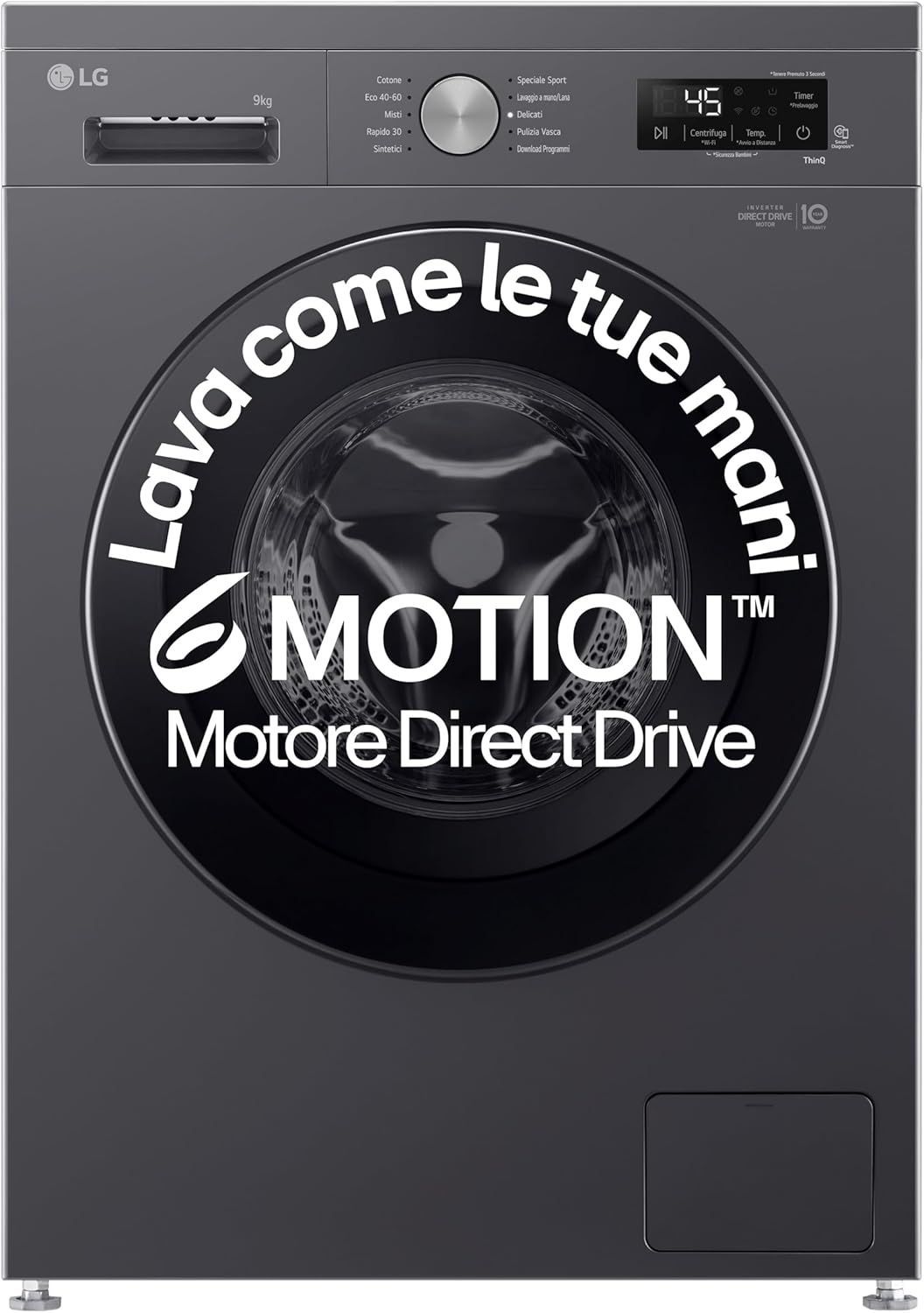 LG F4NX1009NMB Lavatrice 9 kg a Carica Frontale Serie X1, Classe A, 1400 giri, Wi-Fi, 6 Motion Direct Drive, Lavaggio a Vapore Allergy Care, Libera installazione, Middle Black [Classe di efficienza en