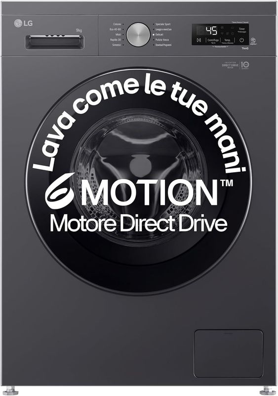 LG F4NX1009NMB Lavatrice 9 kg a Carica Frontale Serie X1, Classe A, 1400 giri, Wi-Fi, 6 Motion Direct Drive, Lavaggio a Vapore Allergy Care, Libera installazione, Middle Black [Classe di efficienza en