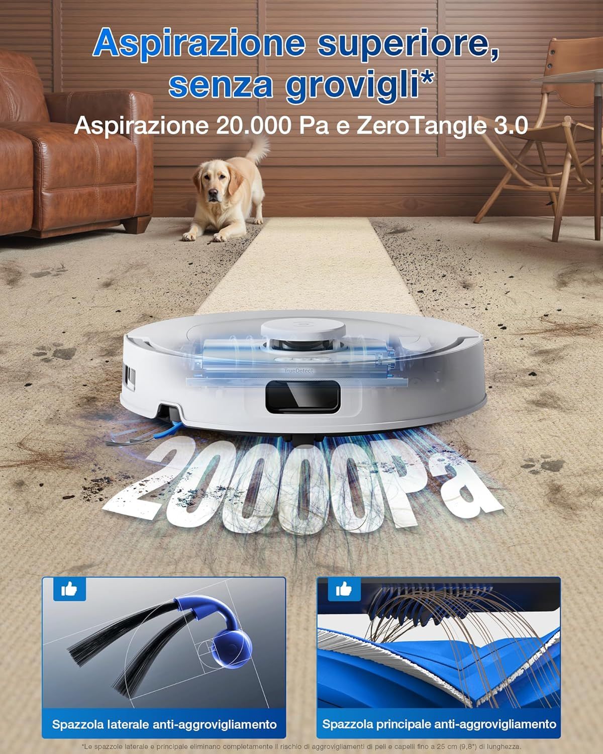 ECOVACS DEEBOT T30C OMNI Robot Aspirapolvere e Lavapavimenti, 20.000 Pa, ZeroTangle 3.0, TruEdge 2.0, TrueMapping 2.0, Lavaggio dei panni con acqua calda a 75°C, Stazione OMNI All-in-One, Bianco