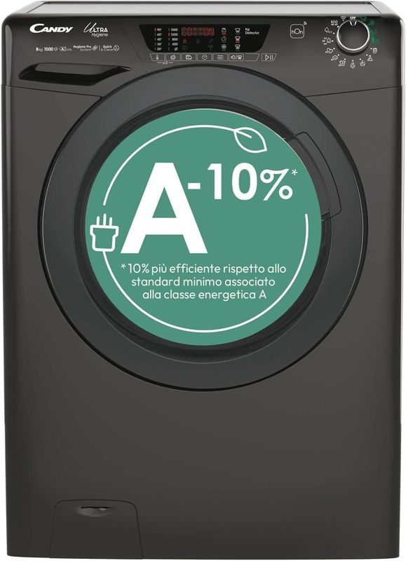 HES12104TWMBB6-S - Lavatrice da 10 kg, Caricamento Frontale, 1200 giri, Nero, Classe energetica A [Classe di efficienza energetica A]