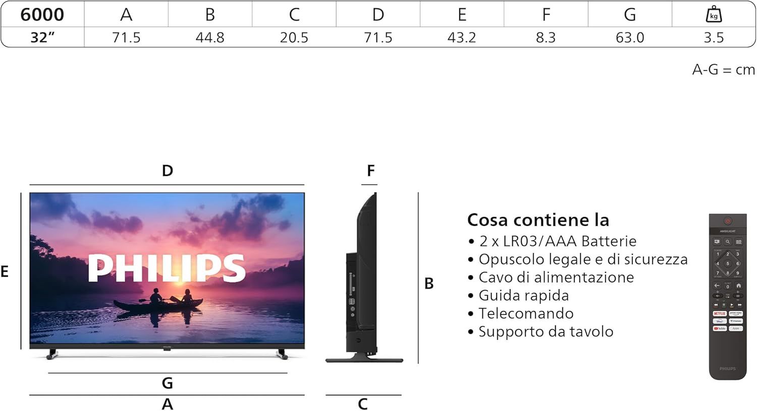 Philips 32PHS6000 2K HD LED Smart TV - Display 32’’ con Pixel Plus, piattaforma Titan OS e Dolby Digital Sound - Funziona con Alexa e Google Voice Assistant [Classe di efficienza energetica E]