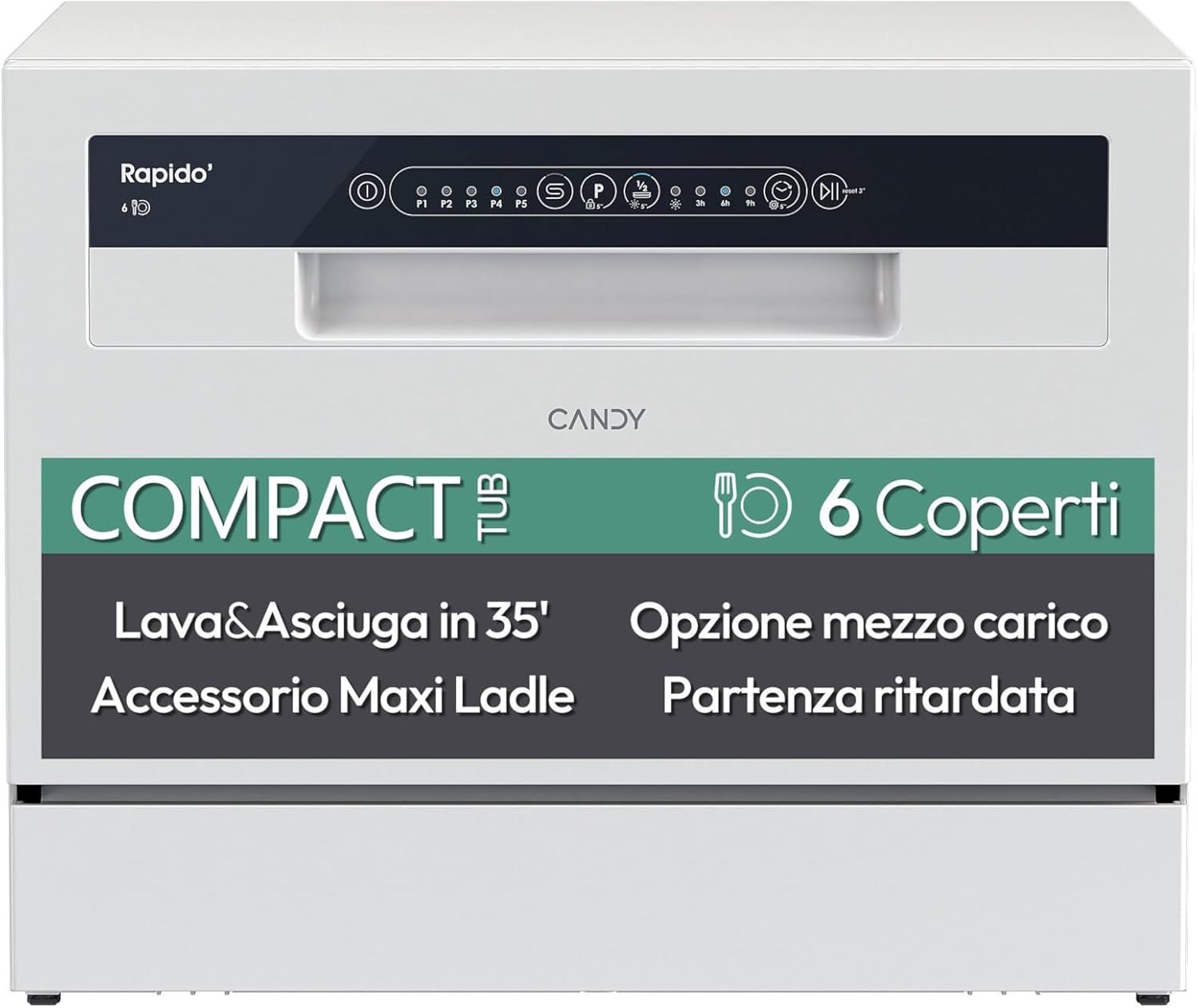 Candy Rapido' CP 6E51LW Lavastoviglie Compatta da tavolo, Libera Installazione, 6 Coperti, 5 Programmi, 51 dB, Ciclo Rapido 35', Partenza ritardata, Classe E, AxLxP 44,3x55x50,1 cm, Bianco [Classe E]