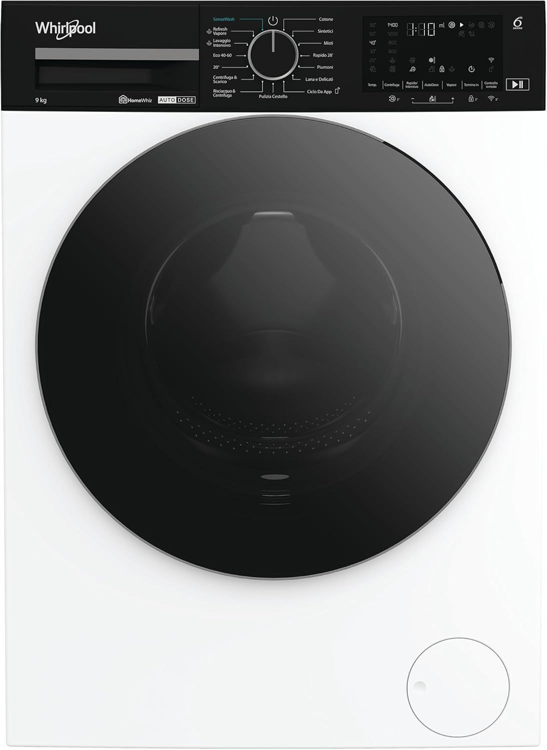 Whirlpool WPM 97W ADS IT – Lavatrice 9 Kg, Carica Frontale, Libera Installazione, 1400 Giri/min, Classe A-10%, 6° SENSO, HomeWhiz, AutoDose, Vapore, 60 x 58 x 84,5 cm [Classe di efficienza energetica