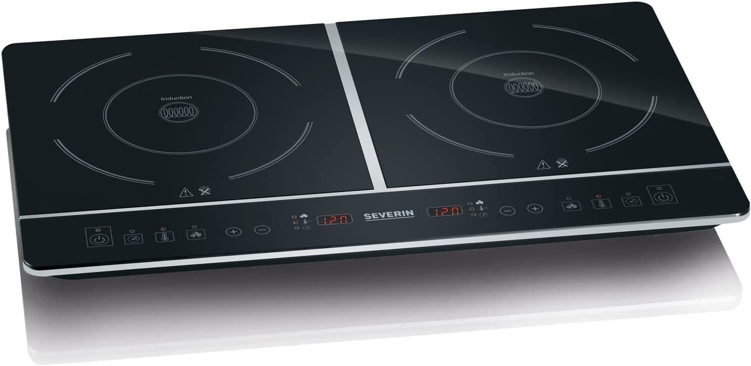 SEVERIN DK 1031 Doppia piastra a induzione 3400W con piano in ceramica, temperatura regolabile e timer, Piano cottura induzione touch a 2 piastre con 10 livelli di potenza, Nero