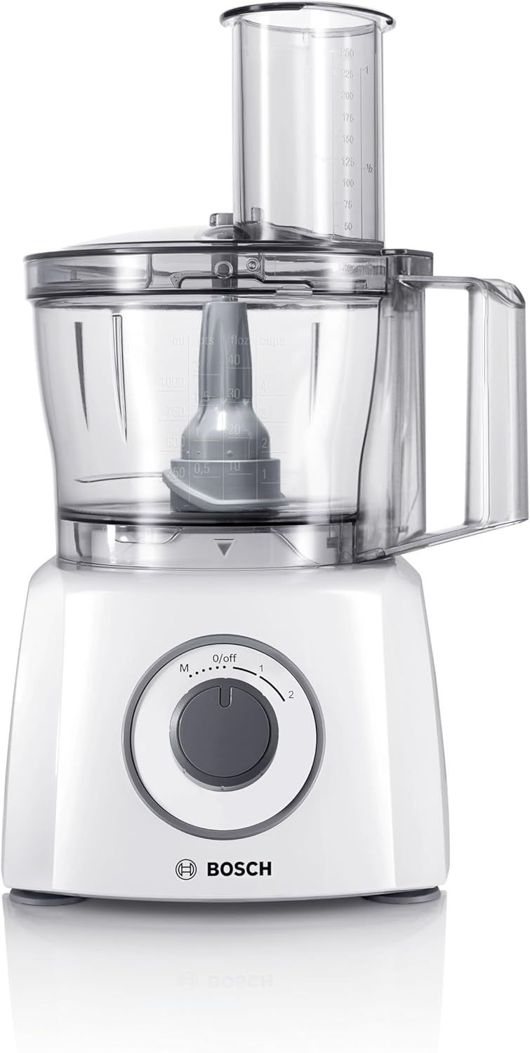 Bosch Robot da Cucina Compatto MultiTalent 3 MCM3200W, Oltre 30 Funzioni, 800W, Ciotola da 2,3 L, Accessorio Frullatore Incluso, Tanti Accessori per Tagliare, Grattugiare, Impastare, Tritare, Bianco