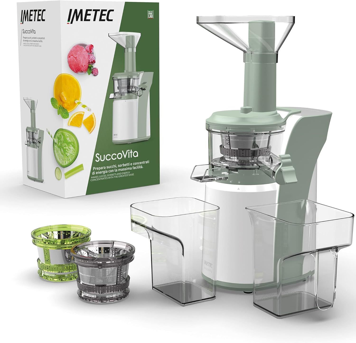 Imetec SuccoVita, estrattore di succo a freddo facile da usare, estratti di frutta e verdura, sorbetti e latte vegetale, 50 giri/min, imbocco ampio, funzione reverse Imetec SuccoVita, estrattore di succo a freddo facile da usare, estratti di frutta e verdura, sorbetti e latte vegetale, 50 giri/min, imbocco ampio, funzione reverse