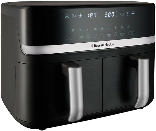 Russell Hobbs Friggitrice ad Aria Doppio cestello, 9L – Zone Indipendenti, 9 Programmi, 200℃, Silenziosa, Touchscreen, Cottura Senza Olio, Basso Consumo, Lavastoviglie ok, 2800W – Satisfry 27681-56