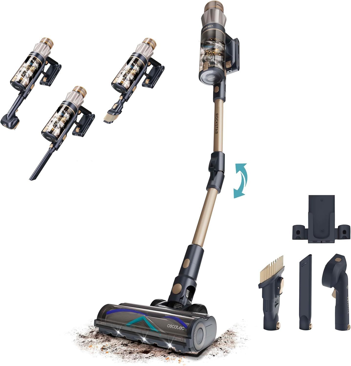 Cecotec Scopa Elettrica senza Fili Conga Rockstar RS90 Pet Flex. 600W, Potenza Aspirazione 160AW, 40kPa, Modalità Auto, Spazzola Animali, Tubo Flessibile, Pulisce fino 140m2, Modalità Eco