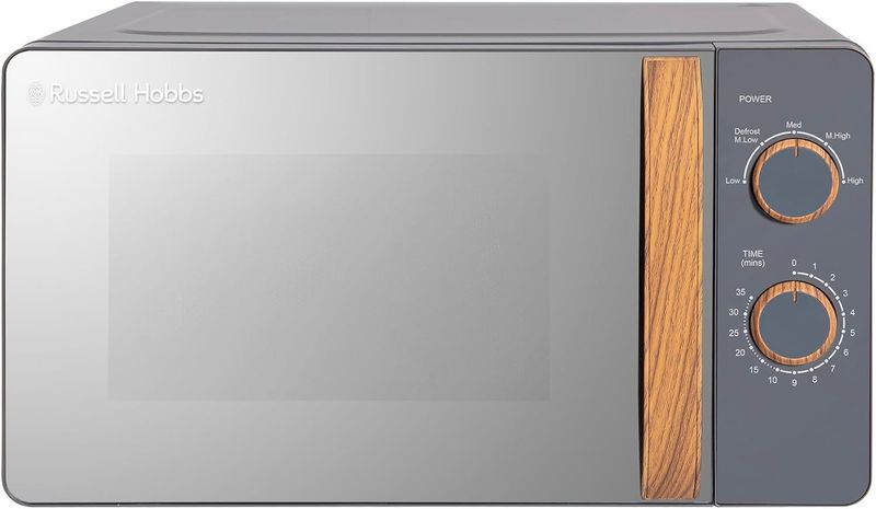 Russell Hobbs RHMM713G Microonde Manuale Compatto Grigio inStile Scandinavo, da 17 Litri e 700 Watt, con 5 Livelli di Potenza, Maniglia e Quadranti Effetto Legno, Timer, Impostazione di Scongelamento
