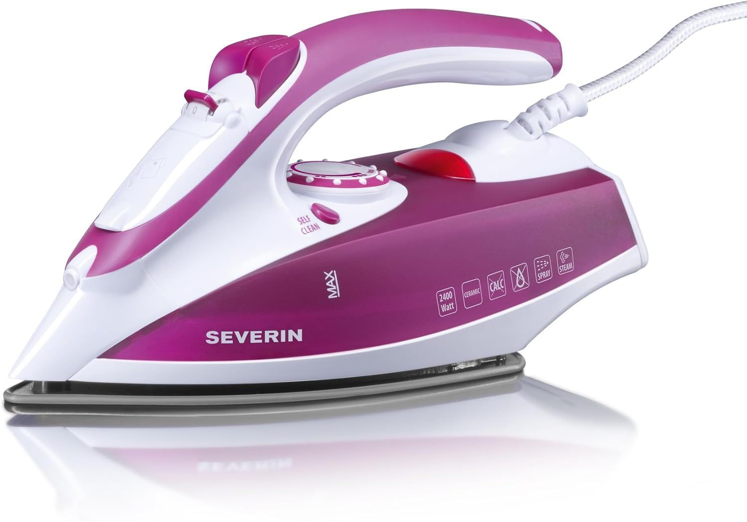 SEVERIN BA 3243 Ferro da stiro a vapore e a secco 2400W con getto fino a 70g/min, serbatoio da 200 ml, Ferro a secco autopulente, Ferro a vapore con piastra in ceramica, Bianco/viola