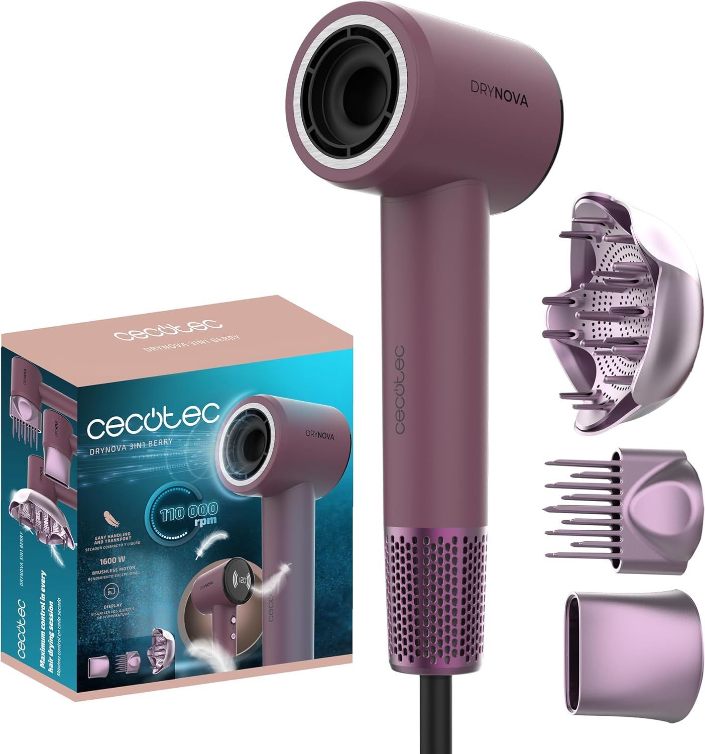 Cecotec Asciugacapelli compatto e leggero DryNova 3in1 Berry. 1600W, 110000RPM, motore Brushless, Volumizzatore, Diffusore, Concentratore, Generatore di Ioni, Silenzioso, Durevole, 4 Impostazioni Cecotec Asciugacapelli compatto e leggero DryNova 3in1 Berry. 1600W, 110000RPM, motore Brushless, Volumizzatore, Diffusore, Concentratore, Generatore di Ioni, Silenzioso, Durevole, 4 Impostazioni