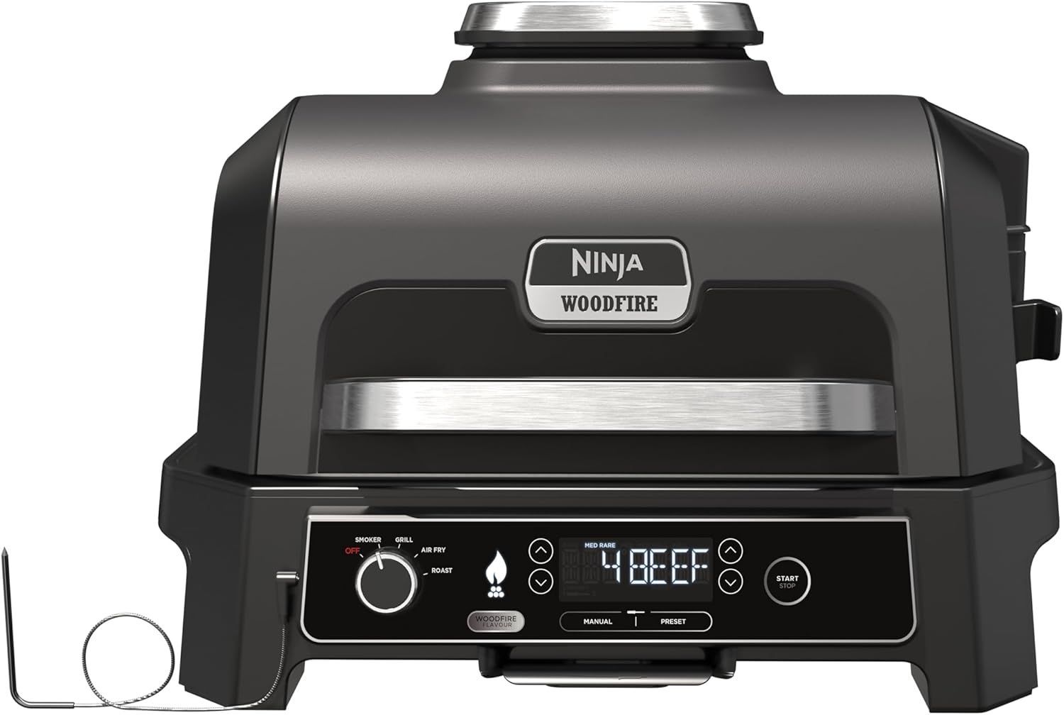 Ninja Woodfire Barbecue Elettrico XL, Griglia Friggitrice ad Aria e Affumicatore 4 in 1 da Esterno, con Termometro a Sonda Digitale, Sistema di Cottura Intelligente Smart Cook, Grigio/Nero, OG850EU