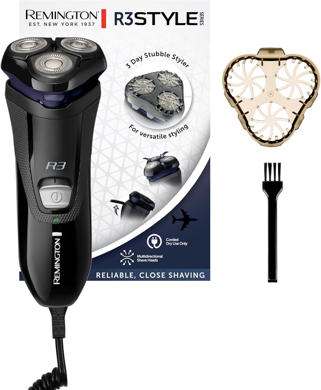 Remington Rasoio Elettrico Barba R3 Style Series Rotary Shaver, Rasoio Elettrico a Testine Rotanti, Lame Flessibioli a Doppia Traccia, Styler per Barba, R3002 Remington Rasoio Elettrico Barba R3 Style Series Rotary Shaver, Rasoio Elettrico a Testine Rotanti, Lame Flessibioli a Doppia Traccia, Styler per Barba, R3002