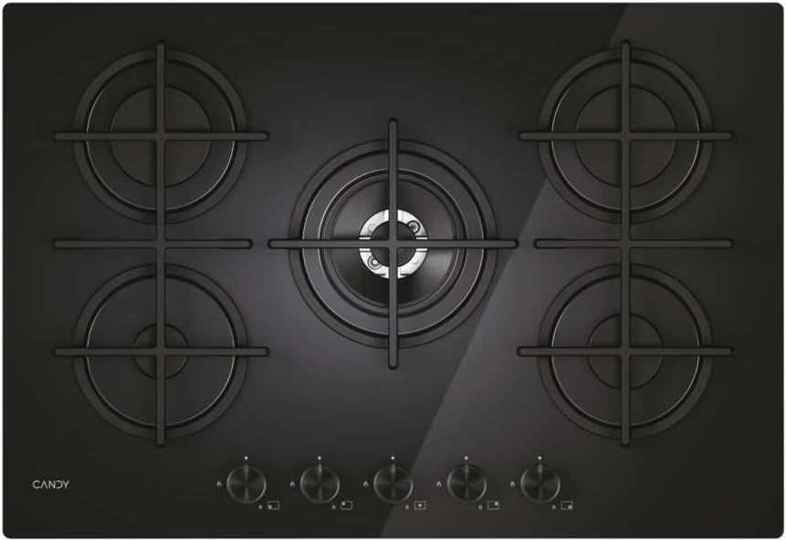 Candy Moderna Gas On Glass Piano Cottura a Gas 5 Fuochi, Vetro Temperato, Bruciatore a Doppia Corona, Griglie Lavabili in Lavastoviglie, AxLxP 0,8x74,5x51 cm, Nero - CVG74WTB [Classe di efficienza ene