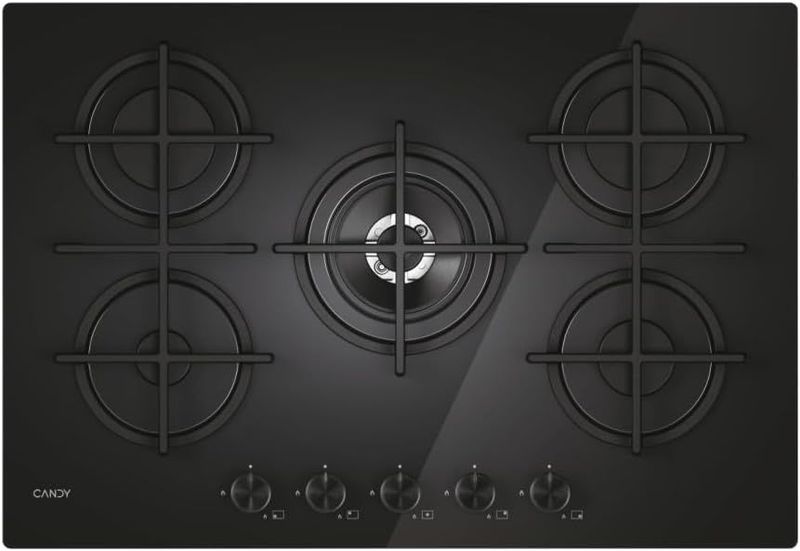 Candy Moderna Gas On Glass Piano Cottura a Gas 5 Fuochi, Vetro Temperato, Bruciatore a Doppia Corona, Griglie Lavabili in Lavastoviglie, AxLxP 0,8x74,5x51 cm, Nero - CVG74WTB [Classe di efficienza ene