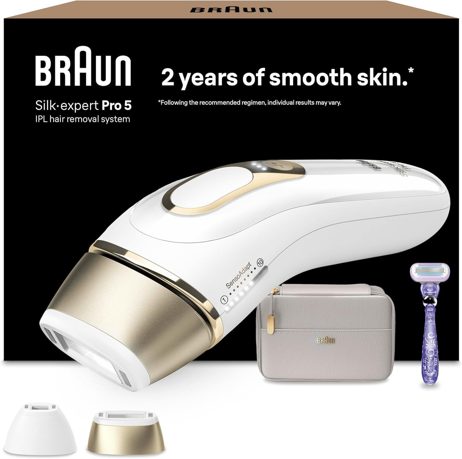 Braun Silk·Expert Pro 5 Epilatore Luce Pulsata, 2 Testine, PL5157 Oro Epilazione Laser Peli Donna a Casa, Riduzione Permanente dei Peli, con Custodia e Rasoio Gillette Venus