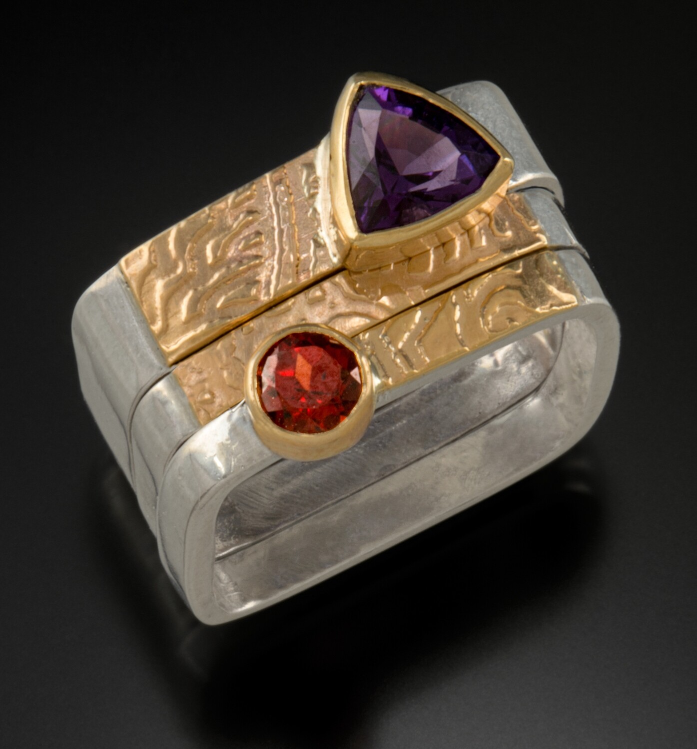 Square Stackable Rings with Amethyst and Garnet