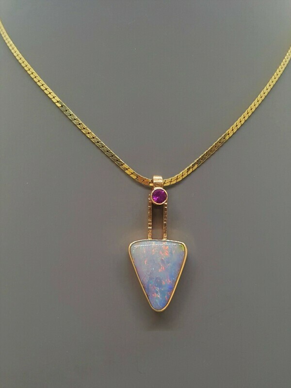 Triangle Opal pendant with pink sapphire