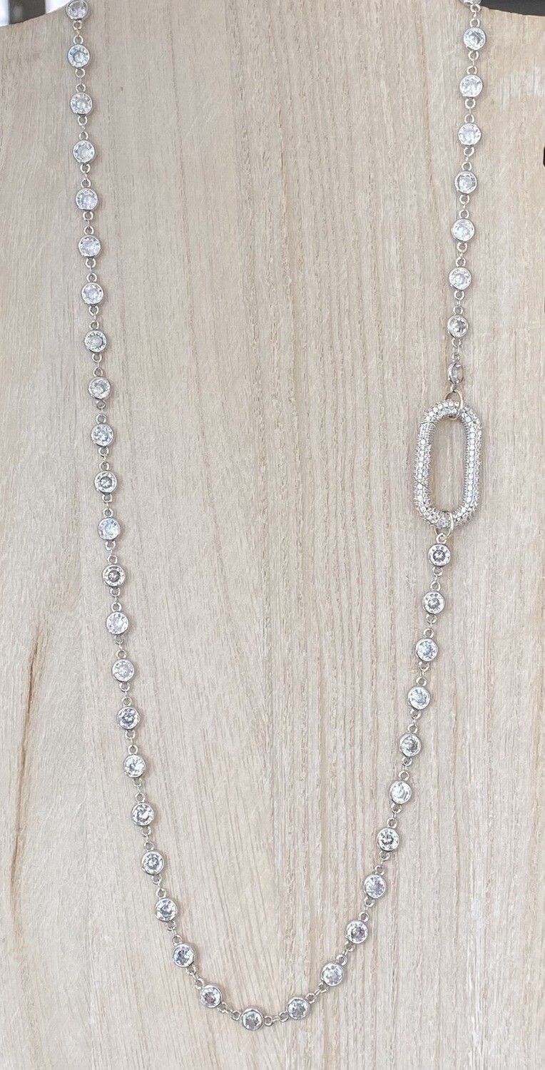 Silver Crystal Chain &amp; CZ Pave Oval Clasp