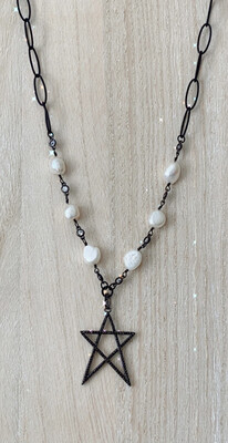 Matte Black Chain, Pearls &amp; Black Starburst Necklace