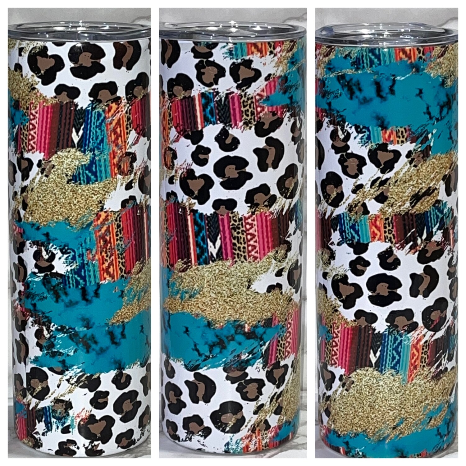 Serape leopard turquoise tumbler