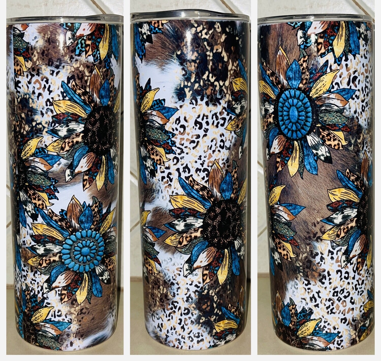 Leopard cowhide western sunflower tumbler