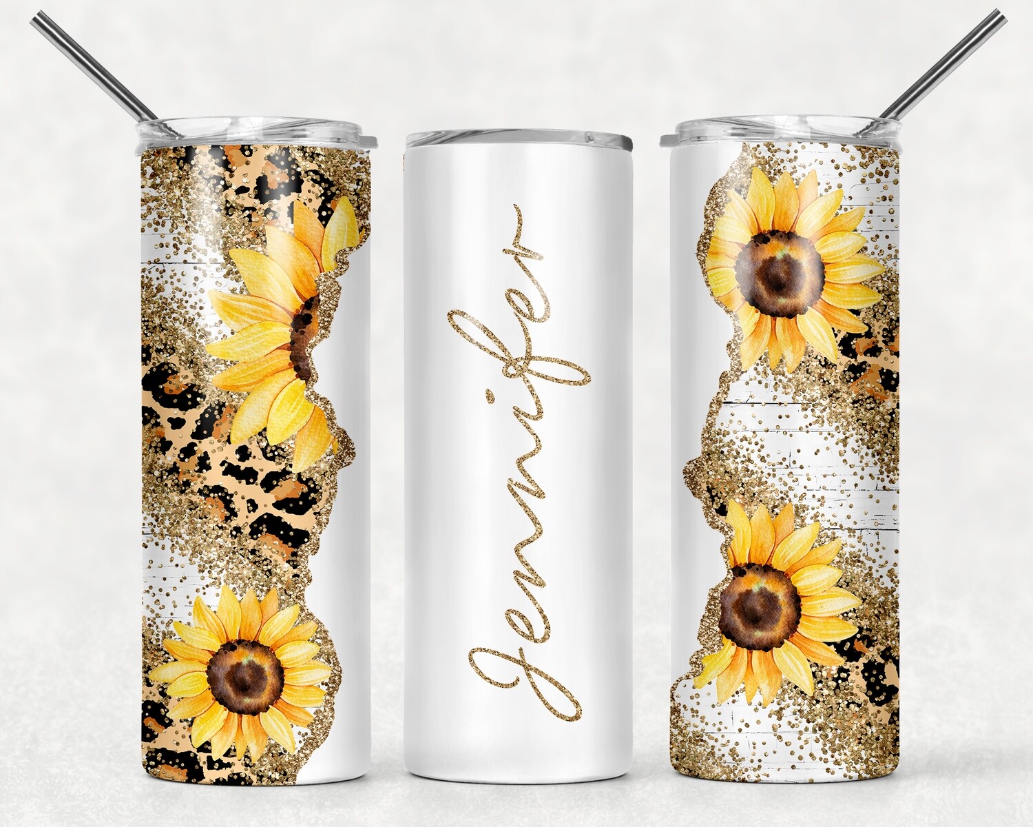 Sunflower leopard glitter tumbler- personalized