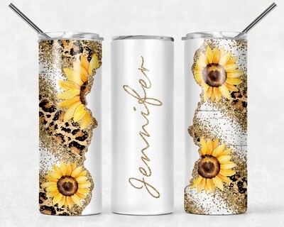 Sunflower leopard glitter tumbler- personalized