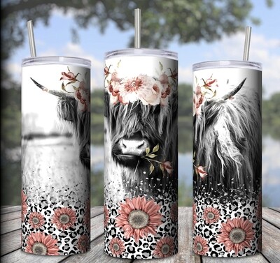 Pink sunflower highland cow w/ flower tumbler