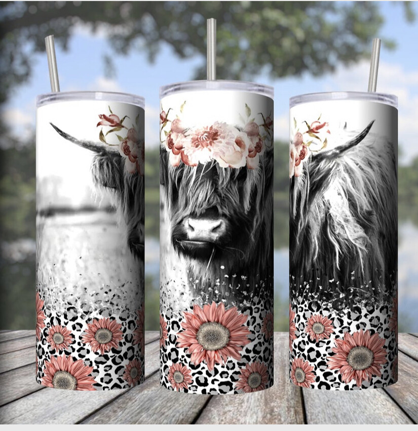Pink sunflower highland cow tumbler