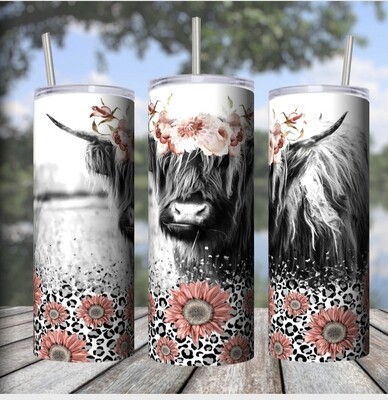 Pink sunflower highland cow tumbler