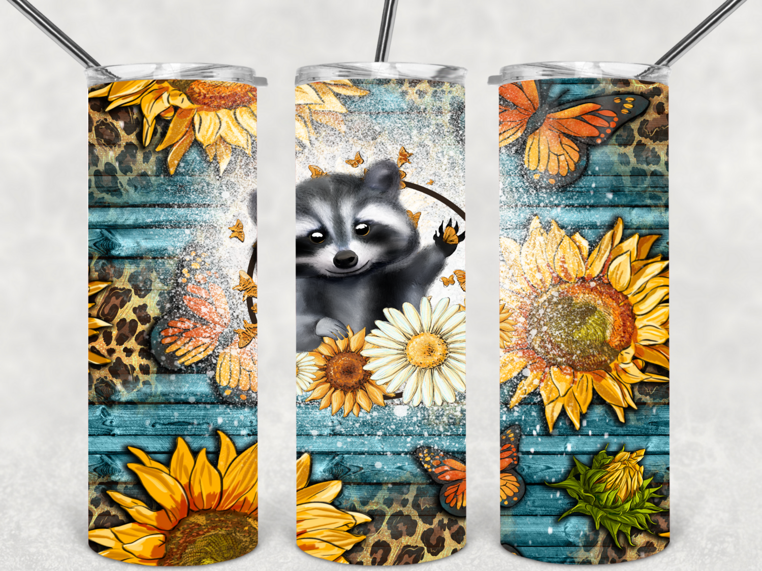 Sunflower leopard raccoon tumbler