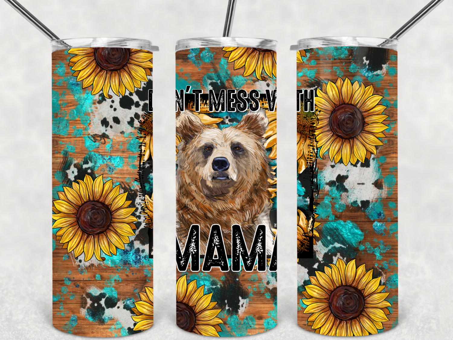 Sunflower cowhide mama bear tumbler