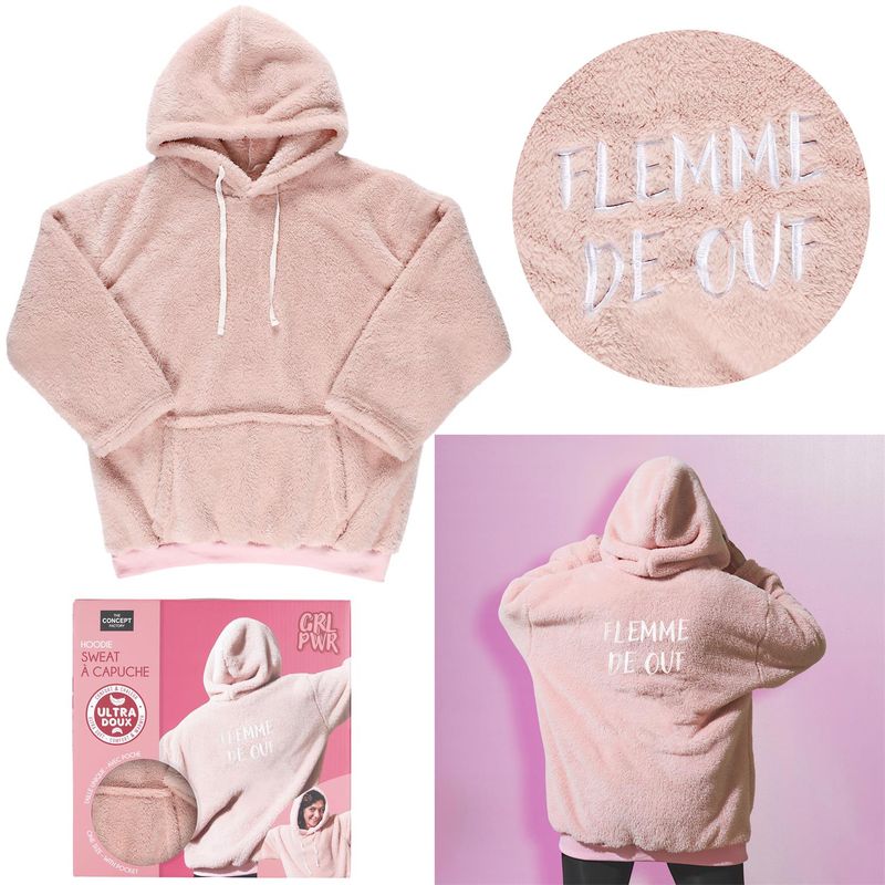 SWEAT À CAPUCHE "FLEMME DE OUF" ROSE