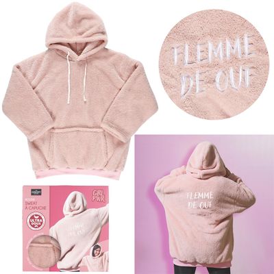SWEAT À CAPUCHE "FLEMME DE OUF" ROSE